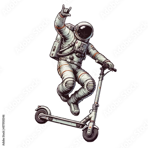 astronaut rides and balances on a scooter