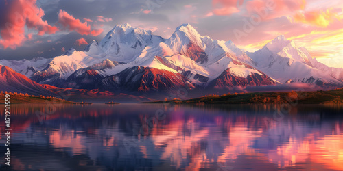 Snow-capped mountains reflecting warm sunset hues