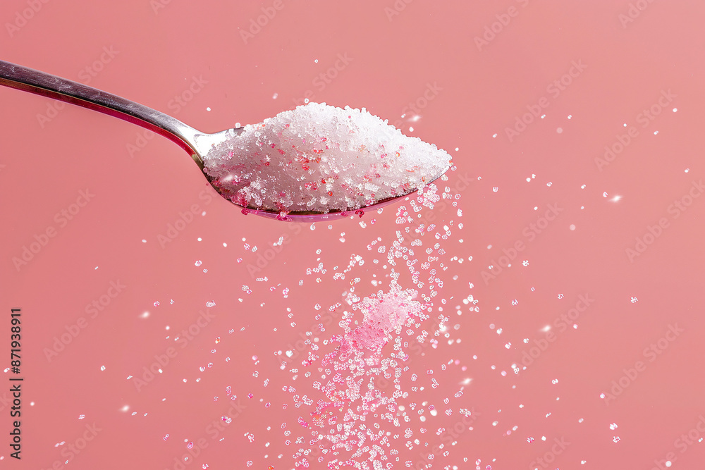 Spoon filled with sugar granules against a pink background with sugar grains falling Spoon filled with sugar granules against a pink background with sugar grains falling
