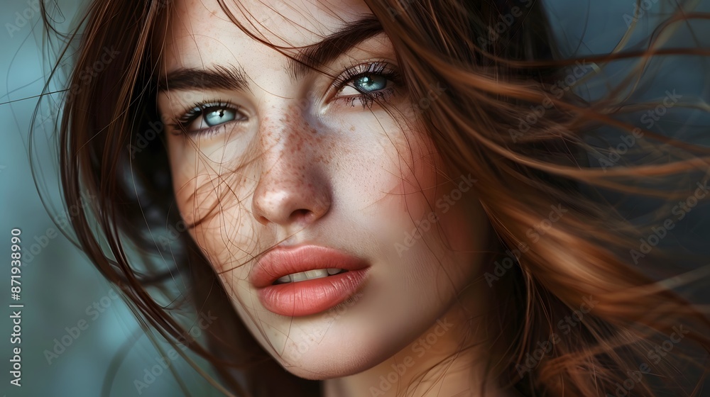 Beautiful woman with brown hair looking at camera . Beautiful woman with brown hair looking at camera .