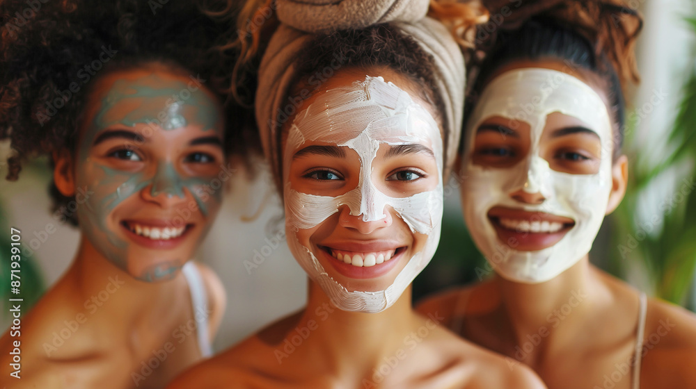 Group of three young women of different ethnicities, smiling and applying facial masks in a spa salon. Group of three young women of different ethnicities, smiling and applying facial masks in a spa salon.