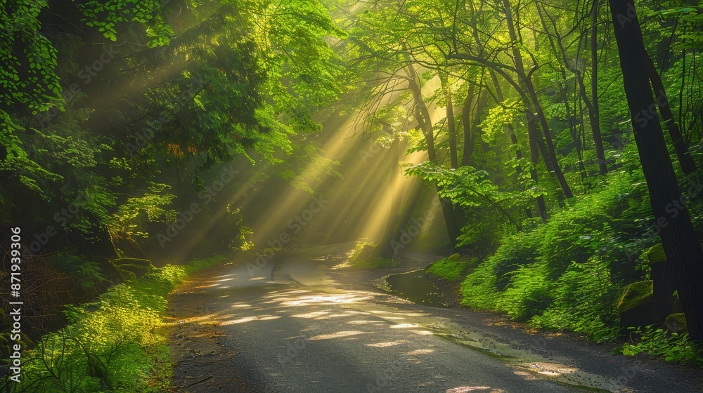 Obraz premium Forest road bathed in sunlight, lush greenery, sun rays piercing through the canopy, sparkling stream nearby, serene and picturesque