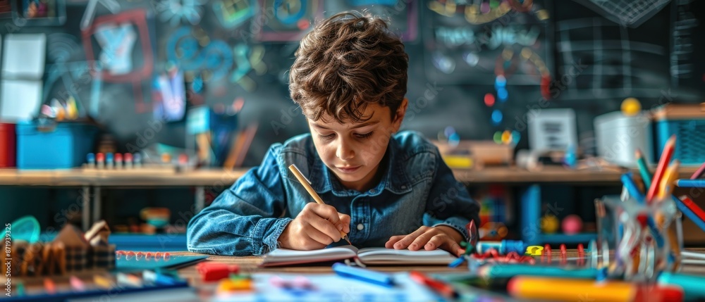A young boy eagerly writing in his notebook, with various educational supplies like erasers, paper clips, and geometry sets scattered around him His focused yet happy demeanor emphasizes the joy of A young boy eagerly writing in his notebook, with various educational supplies like erasers, paper clips, and geometry sets scattered around him His focused yet happy demeanor emphasizes the joy of