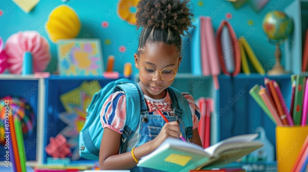 Fototapeta premium A young girl excitedly flipping through a new textbook, surrounded by a vibrant assortment of school supplies including sticky notes, markers, and pencil cases The scene highlights the excitement of