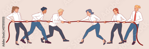 Business people tug of war. Opposing office teams, men, women in formal clothes pull rope, competitive fight, confrontation or teamwork game, cartoon flat style isolated vector concept
