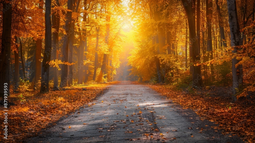 Golden leaves lining a sun-dappled forest road, autumn scenery, vibrant colors, detailed trees, beautiful and peaceful atmosphere Golden leaves lining a sun-dappled forest road, autumn scenery, vibrant colors, detailed trees, beautiful and peaceful atmosphere