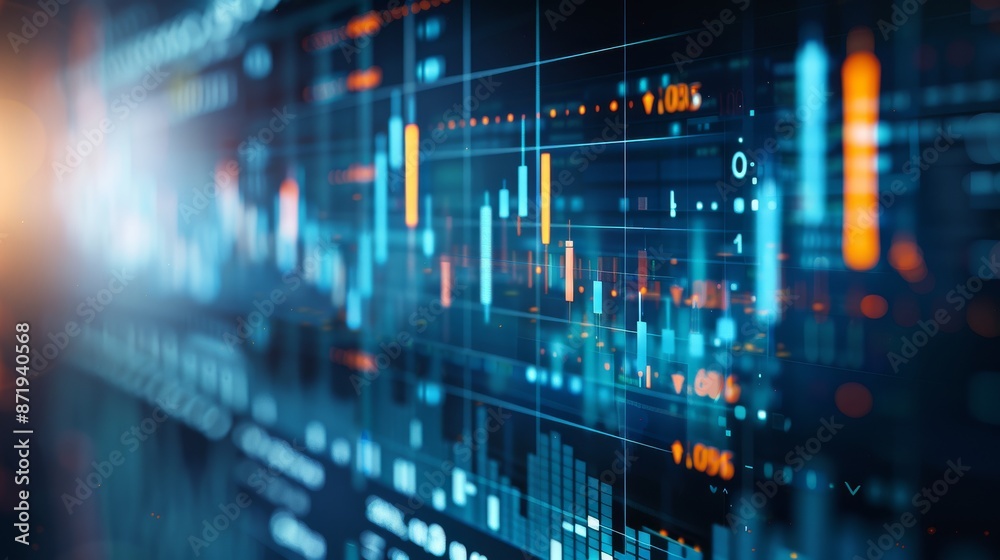 Abstract digital financial chart and data analysis with futuristic stock market graph and investment indicator, showing economic trends. Abstract digital financial chart and data analysis with futuristic stock market graph and investment indicator, showing economic trends.