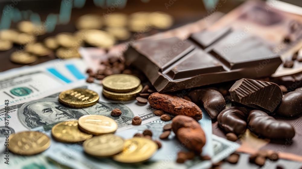Chocolate bar and coins, money, cents on table, highlighting rising chocolate prices. Chocolate bar and coins, money, cents on table, highlighting rising chocolate prices.