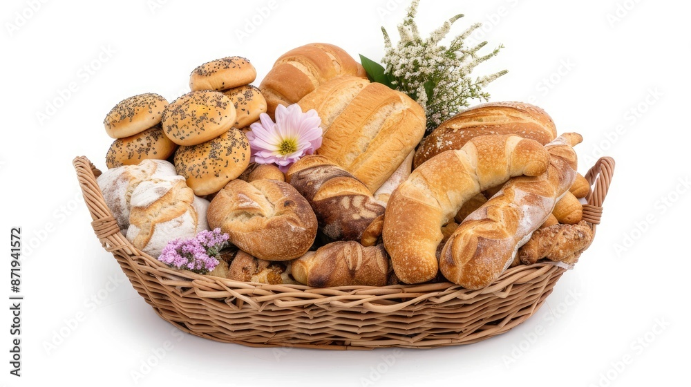 A wicker basket filled with various freshly baked artisan breads, including a baguette, a loaf with sesame seeds, and a long, crusty loaf A wicker basket filled with various freshly baked artisan breads, including a baguette, a loaf with sesame seeds, and a long, crusty loaf