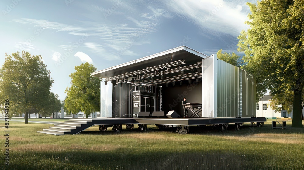 Obraz premium conceptual image of a mobile music stage, designed to be quickly set up and broken down, its main structure made from lightweight aluminum siding