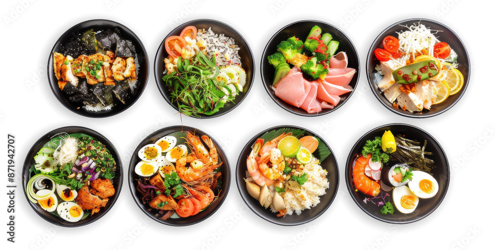 Assorted Bowls of Asian Food on Transparent Background Assorted Bowls of Asian Food on Transparent Background
