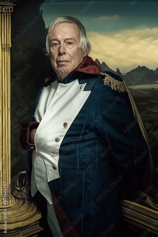 Senior man in historic army uniform from 1800 period standing in front of landscape painting.