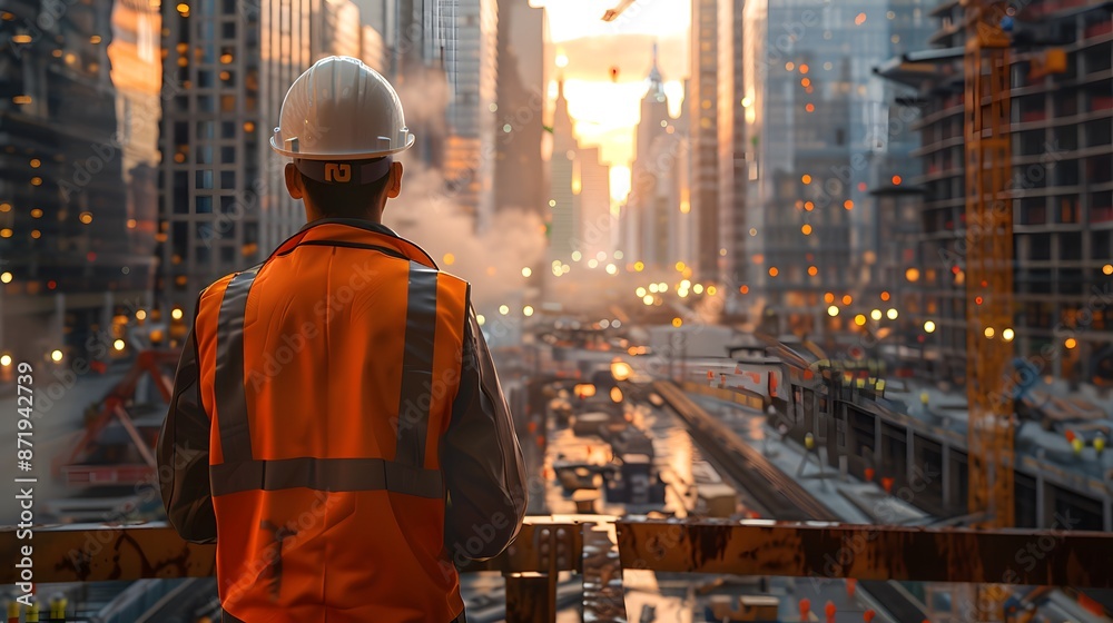 A construction foreman in a reflective orange vest and hard hat stands at a bustling construction site, overseeing the progress. emphasize the urban development theme. A construction foreman in a reflective orange vest and hard hat stands at a bustling construction site, overseeing the progress. emphasize the urban development theme.