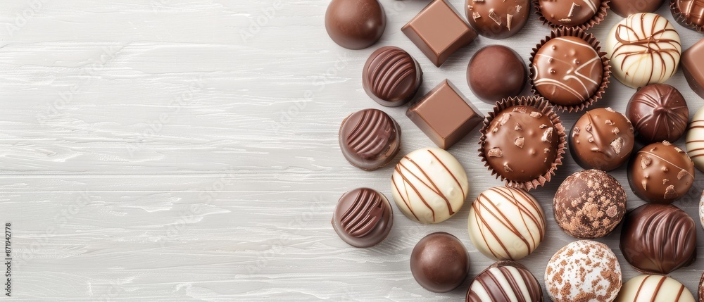 Assortment of gourmet chocolate truffles and pralines on a light wooden background, perfect for a delicious dessert or gift. Assortment of gourmet chocolate truffles and pralines on a light wooden background, perfect for a delicious dessert or gift.