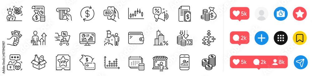 Credit card, Wallet and Accounting line icons pack. Social media icons. Discounts cart, Business results, Coins bag web icon. Smartphone statistics, Analytics graph, Vip ticket pictogram. Vector Credit card, Wallet and Accounting line icons pack. Social media icons. Discounts cart, Business results, Coins bag web icon. Smartphone statistics, Analytics graph, Vip ticket pictogram. Vector