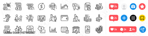 Credit card, Wallet and Accounting line icons pack. Social media icons. Discounts cart, Business results, Coins bag web icon. Smartphone statistics, Analytics graph, Vip ticket pictogram. Vector
