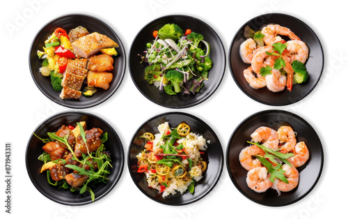 Various Delicious Dishes in Black Bowls, Top View