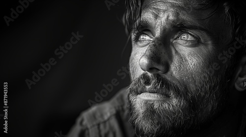 Close Up Portrait of a Man With a Beard Looking Upward