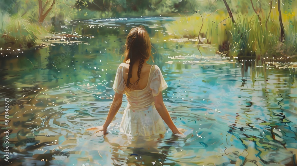 Fototapeta premium Young woman enjoying the outdoors embracing freedom. 