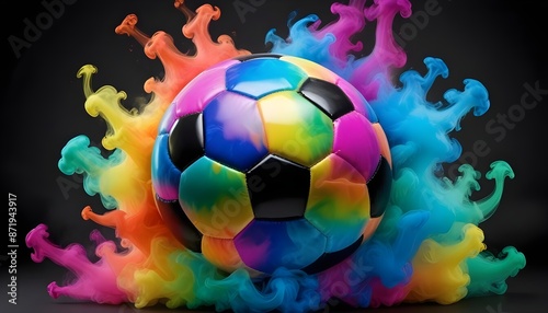 Soccer ball with matellic colours smoke photo