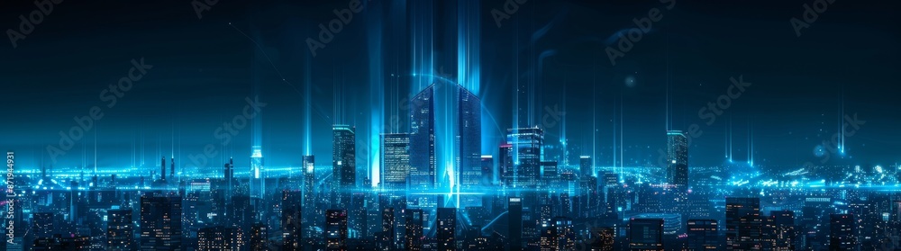 This is a three-dimensional rendering of a futuristic virtual sci fi city with many high sky scrapper buildings. Wide angle view. Concept for night life, business vision, cyberpunk, technology