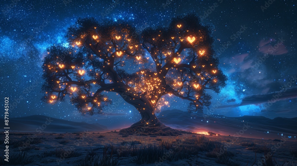 Illuminated hearts on a fantasy tree, nighttime desert setting, magical atmosphere, sparkling starry sky, intricate and enchanting Illuminated hearts on a fantasy tree, nighttime desert setting, magical atmosphere, sparkling starry sky, intricate and enchanting