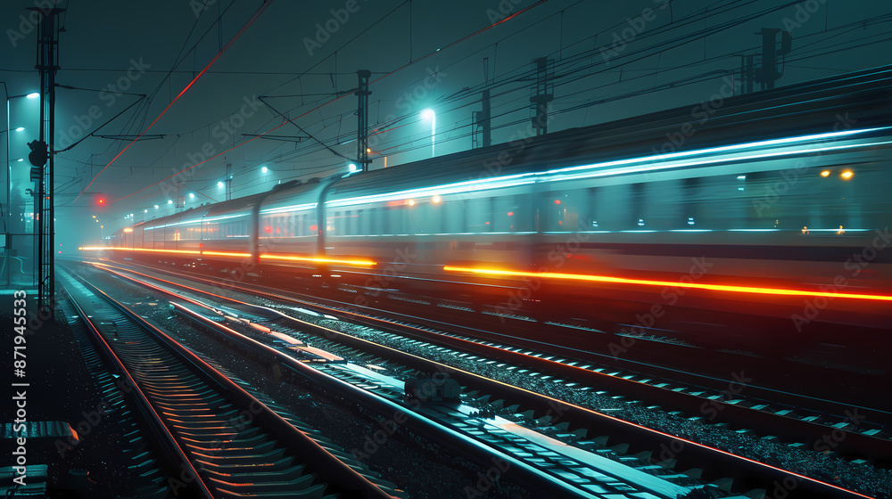 a train moving at night, with light trail a train moving at night, with light trail