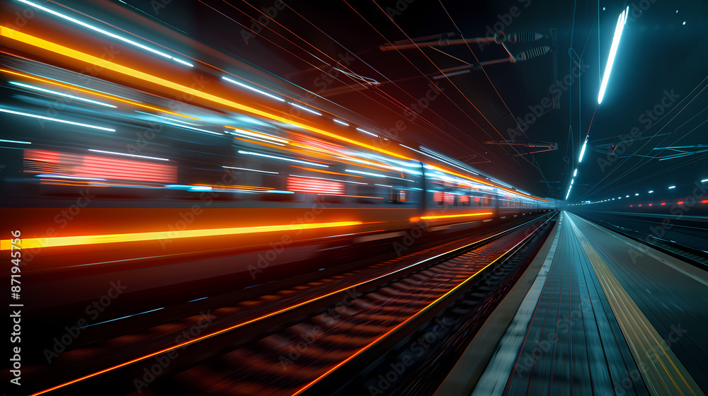 a train moving at night, with light trail a train moving at night, with light trail