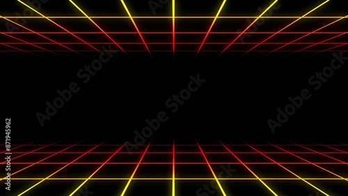 4K retro synthwave 80s style orange, red, yellow neon grid video motion, 3D, 60 fps photo