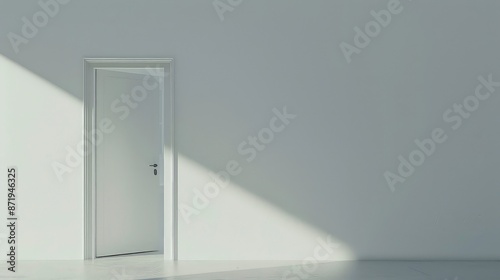 White half-open door and white wall with copy space leading to luminous unknown place.