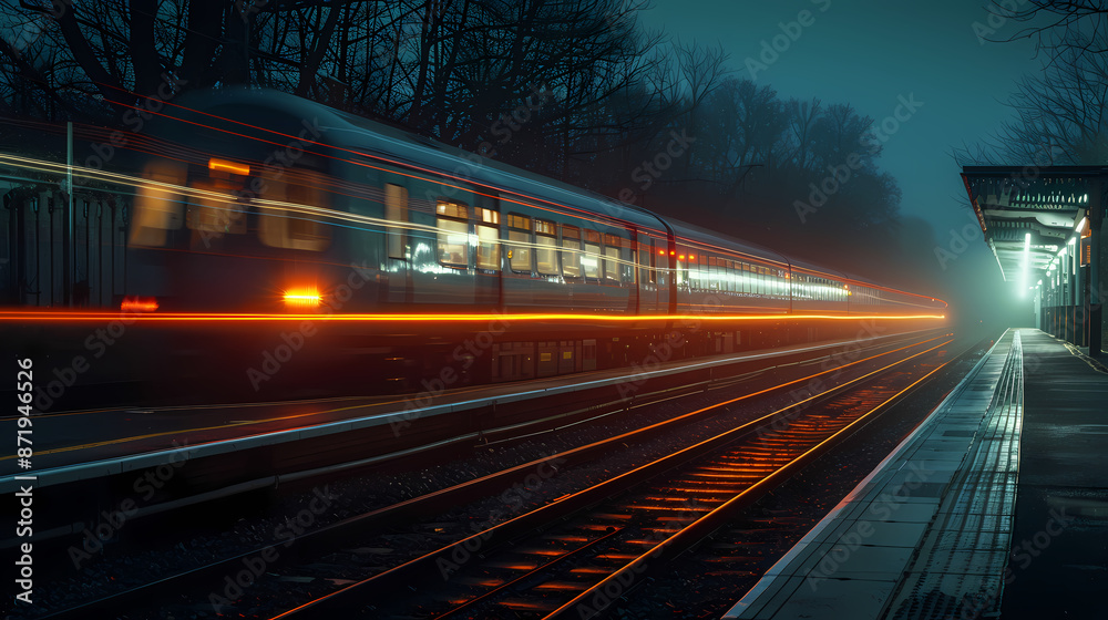 a train moving at night, with light trail a train moving at night, with light trail