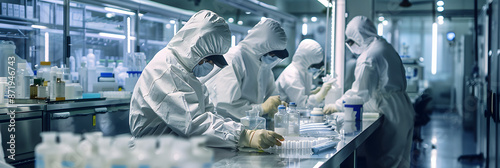 Pharmaceutical factory, researchers and workers in protective suits developing new drugs or medicines. Biopharmaceutical lab as imagined by 