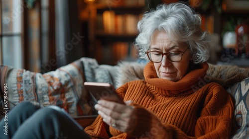 Senior Woman Using Smartphone On Couch In Cozy Living Room
