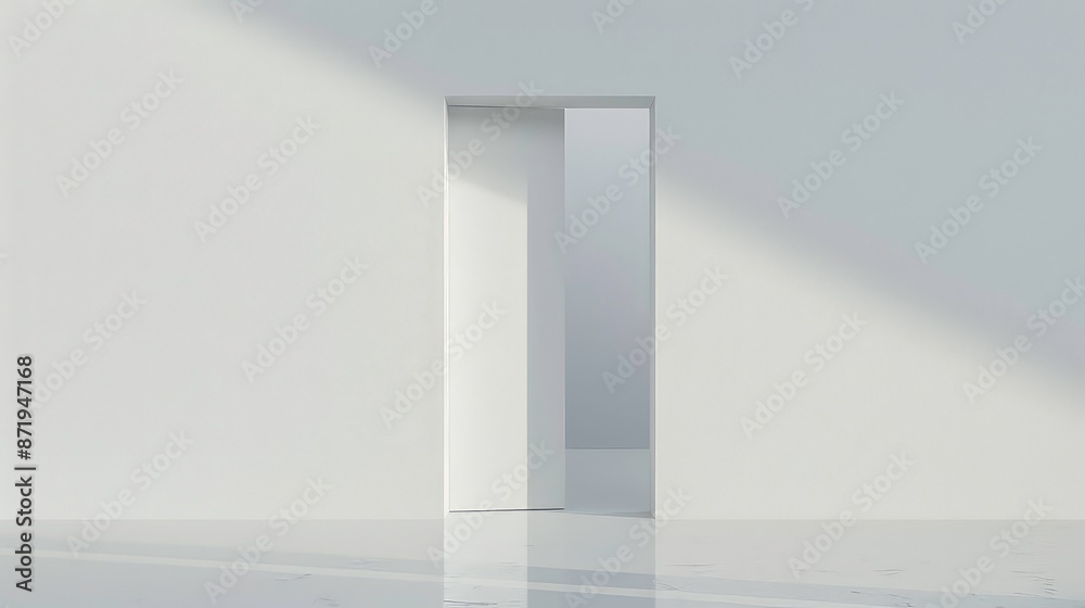 White half-open door and white wall with copy space leading to luminous unknown place.