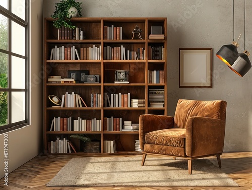 Modern retro home decor with a stylish living room featuring a brown armchair, wooden bookcase, pendant lamp, carpet decor, picture frames, and elegant personal accessories. © Business Pics