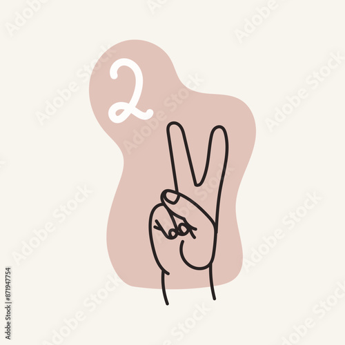 Gestures for the deaf, number 2. English fingerspelling. Hand drawn vector ilustranion. 