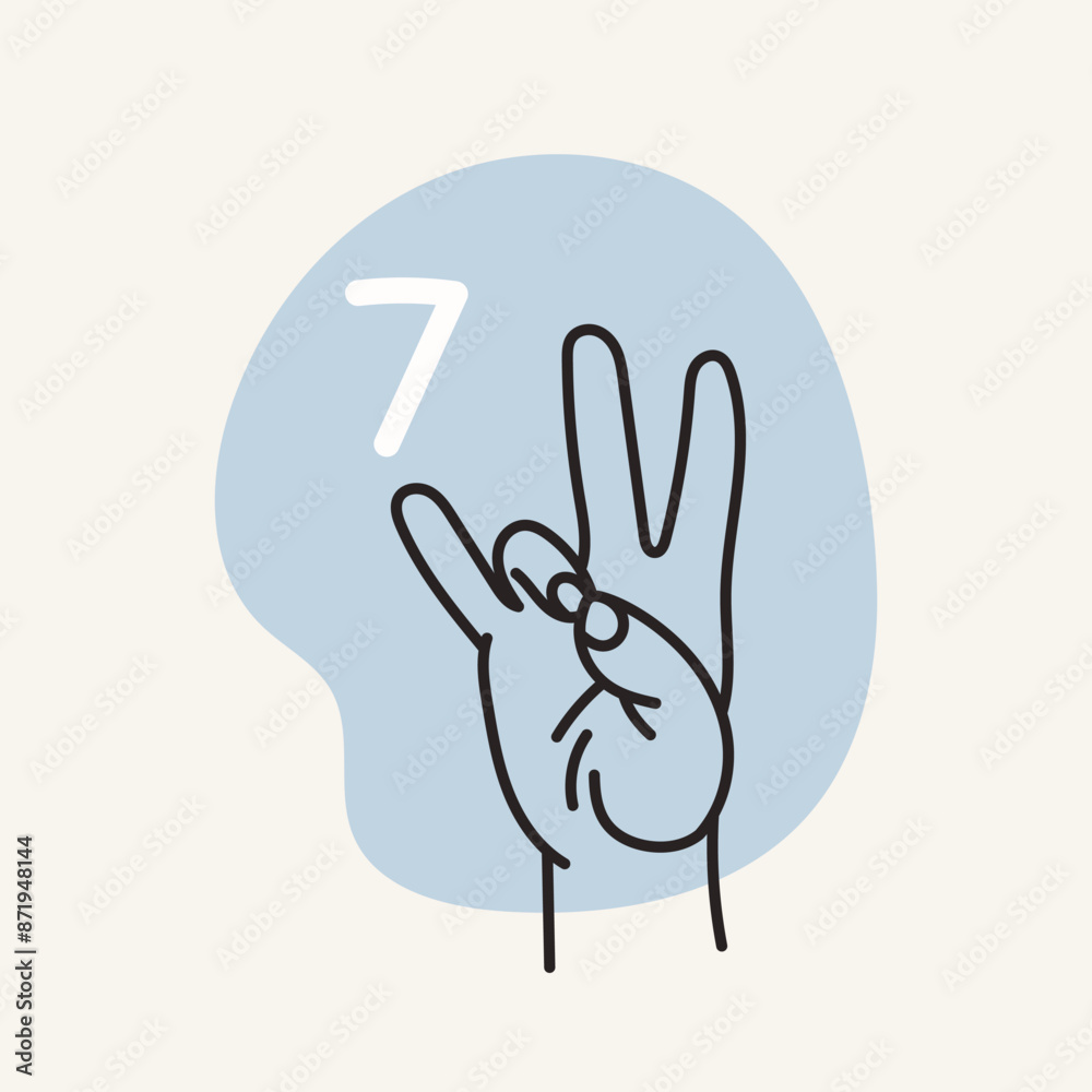 Obraz premium Gestures for the deaf, number 7. English fingerspelling. Hand drawn vector ilustranion. 
