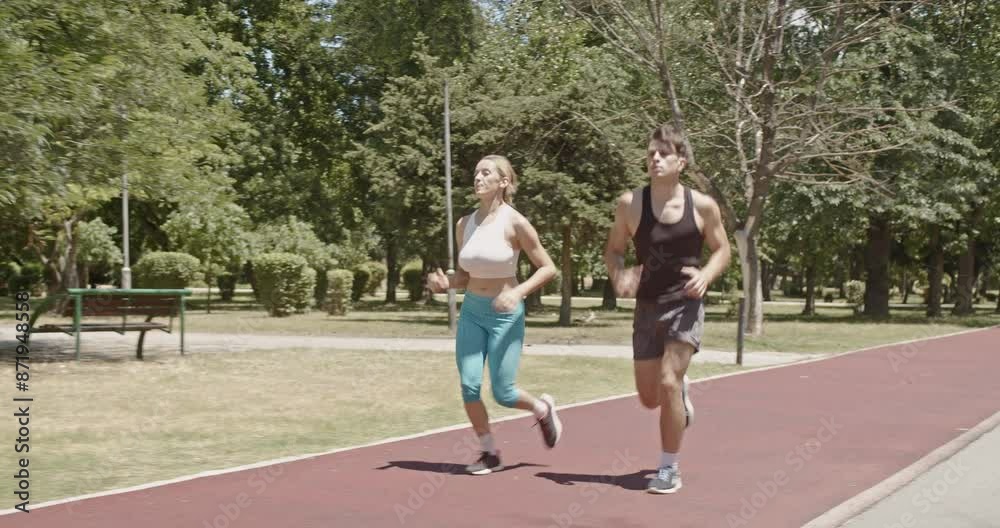An energetic sports couple jogs along a park trail, embracing fitness and health on a sunny day. This scene perfectly depicts an active lifestyle and dedication to well-being.