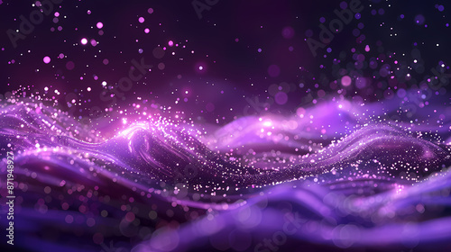 Purple background with glowing particles, waves and dots