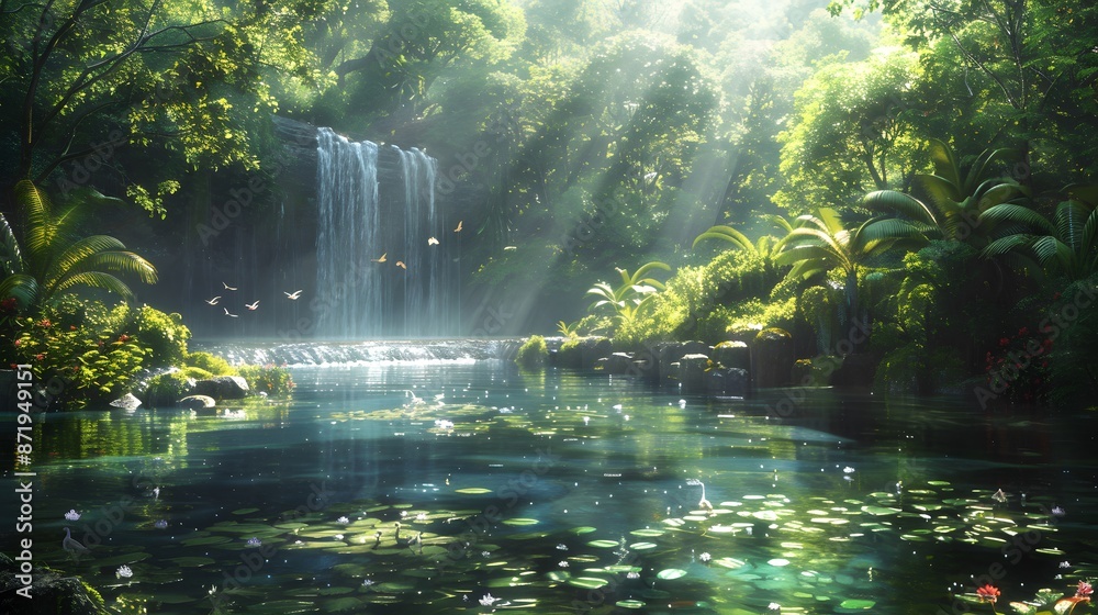 A tranquil riverside setting within a lush forest, where dappled sunlight breaks through the foliage to illuminate a gentle stream, leading to a crystal-clear pond bustling with dragonflies and birds.
