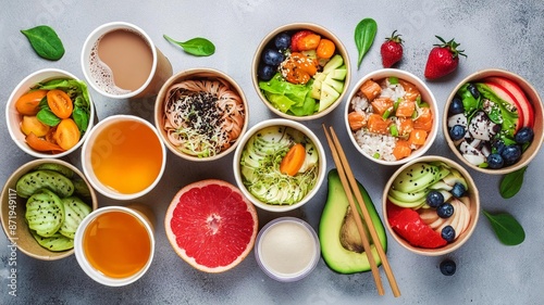 Wallpaper Mural Healthy take away food and drinks in disposable eco friendly paper containers on gray background. Fresh salad, soup, poke bowl, buddha bowl, fruits, coffee and juice. Torontodigital.ca