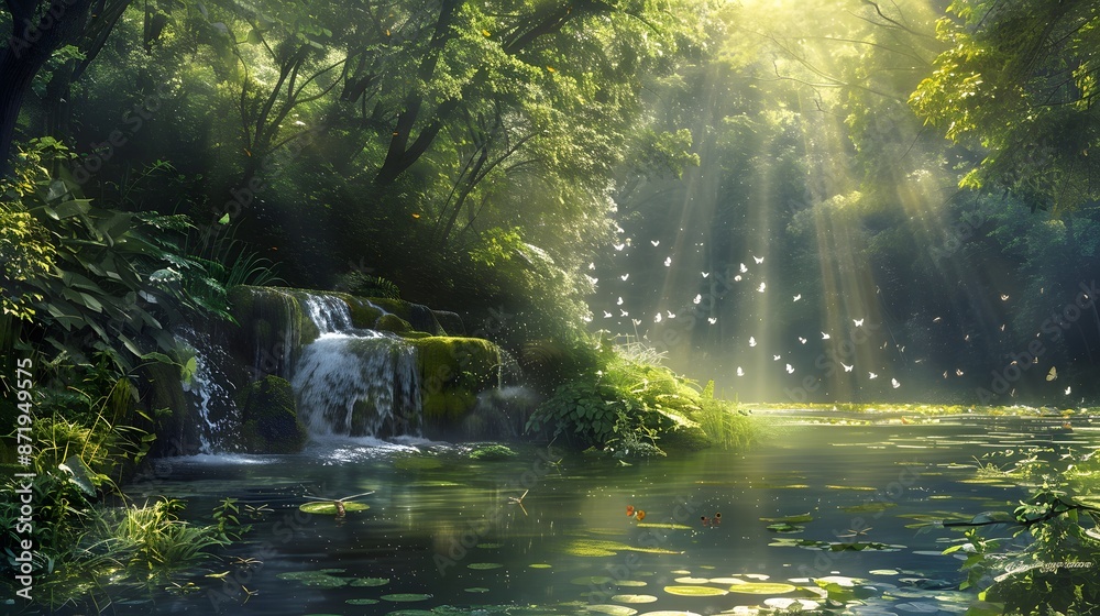 A tranquil riverside setting within a lush forest, where dappled sunlight breaks through the foliage to illuminate a gentle stream, leading to a crystal-clear pond bustling with dragonflies and birds. A tranquil riverside setting within a lush forest, where dappled sunlight breaks through the foliage to illuminate a gentle stream, leading to a crystal-clear pond bustling with dragonflies and birds.