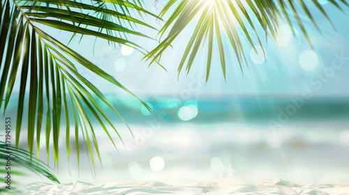 Sunlight filters through lush palm leaves revealing a dreamy beach backdrop, perfect for evoking feelings of warmth, relaxation, and paradise escape