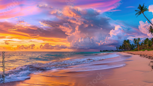 A mesmerizing sunset with vibrant colors over a serene tropical beach, palm trees gently swaying in the breeze