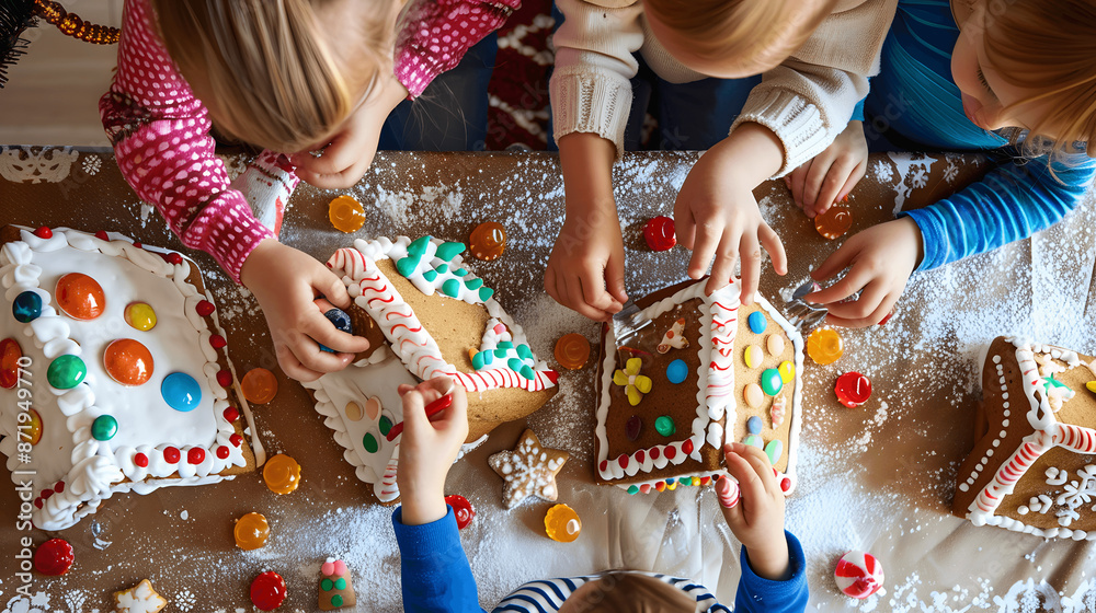 Fototapeta premium Children decorating gingerbread houses with icing and candies
