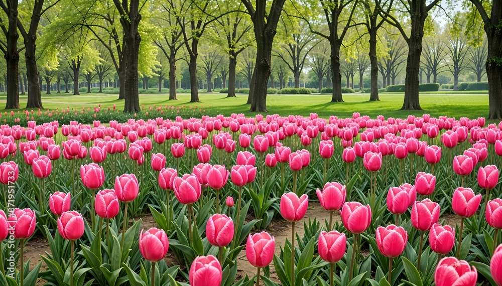 Field of pink tulips in bloom Lush green grass and trees in the background Serene picturesque spring landscape Field of pink tulips in bloom Lush green grass and trees in the background Serene picturesque spring landscape