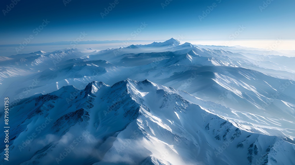 Fototapeta premium Aerial View of a Serene Mountain Range, Capture the tranquil beauty of a snow-capped mountain range from a bird's-eye perspective.