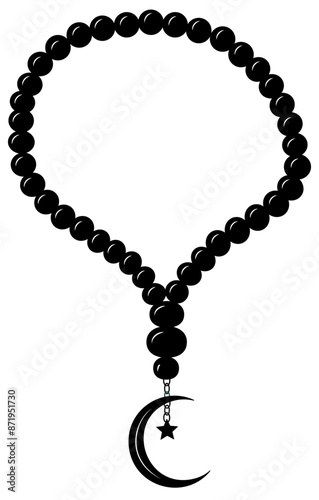 Silhouette Holy rosary prayer beads icon. Black pearl tasbih Arabic symbol for Islamic holidays Ramadan, Eid Al-Adha, Eid Mubarak. Isolated vector illustration.