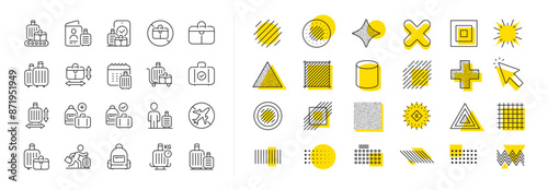Travel bag size, Check weight and Backpack set. Design shape elements. Baggage line icons. Airport luggage belt, handbag dimensions and baggage claim line icons. Vector