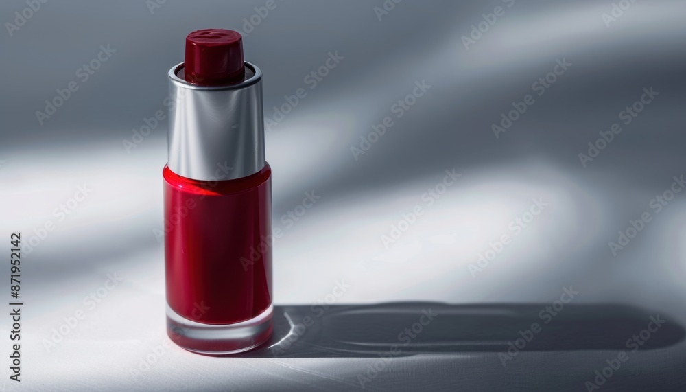 Obraz premium A close-up of a red nail polish bottle with a silver cap, casting shadows on a grey background under natural light.